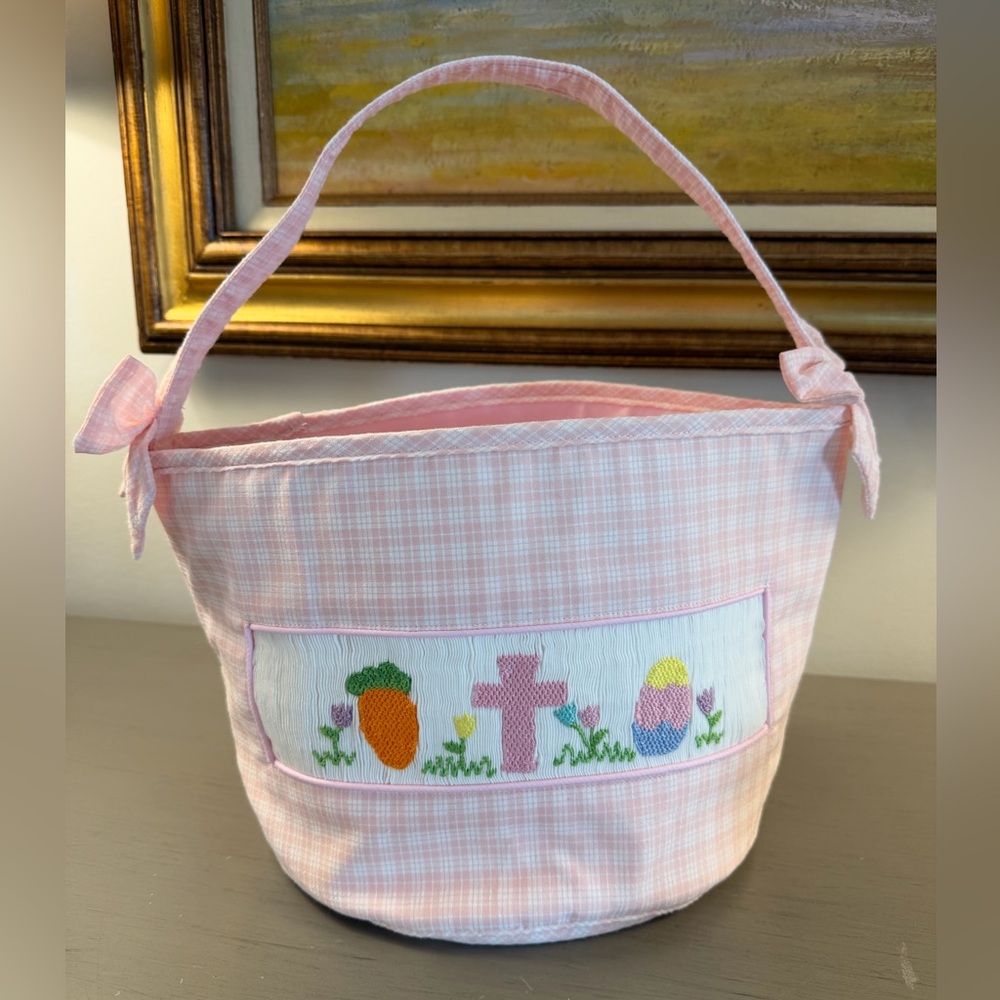 Babeeni Smocked Cloth Easter Basket Pink Gingham Girls Cross Egg Flowers Holiday